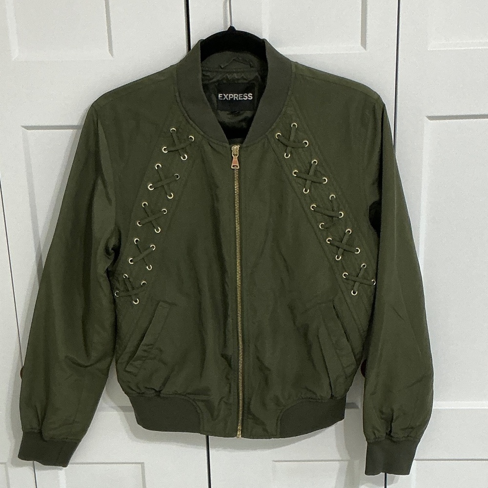 Express Olive Green Lace Up Bomber Jacket Size Small Utility Chic